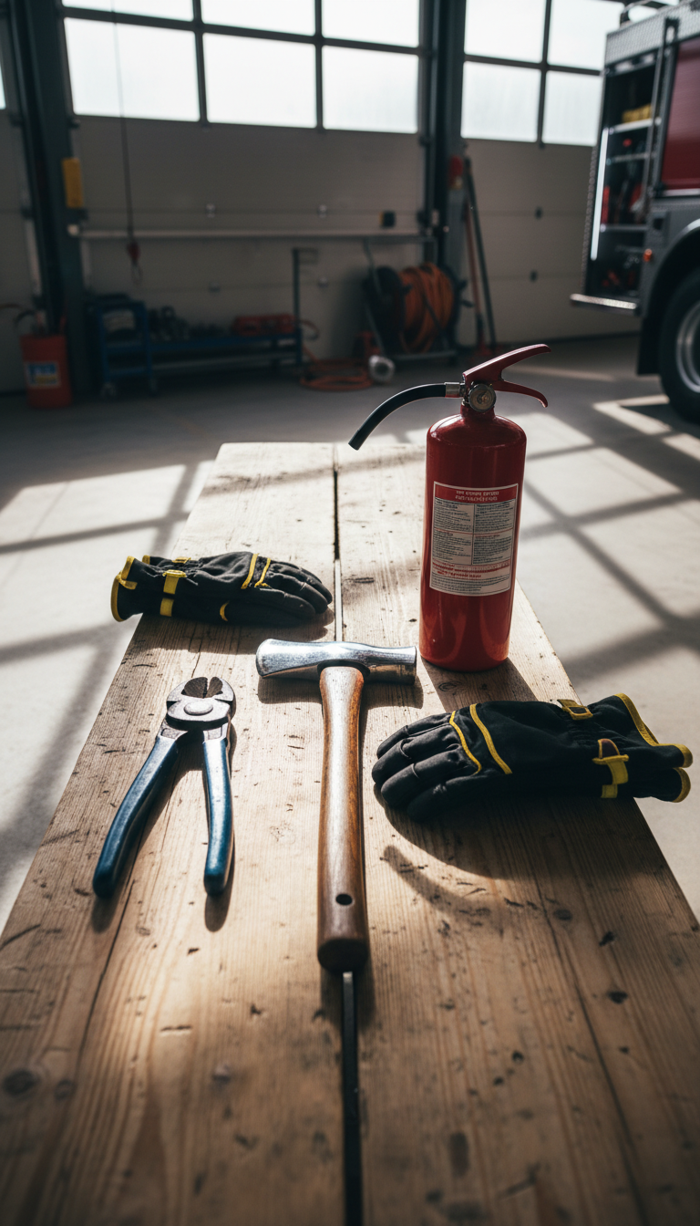 A collection of meticulously organized firefighting tools displayed on a rough-hewn pine bench inside a well-lit garage bay. Featured are a gleaming chrome axe, heavy-duty bolt cutters, a bright red fire extinguisher, and robust thermal gloves, each object’s textures highly rendered. Broad streams of filtered daylight beam through high windows, casting orderly patterns of light and shadow across the tools. The scene feels practical and industrious, evoking focus and preparedness. Captured from a three-quarter top-down perspective with an emphasis on symmetrical arrangement, the image exemplifies clarity and an appreciation for the equipment essential to volunteer firefighters, fitting the blog’s authentic and informative tone.
