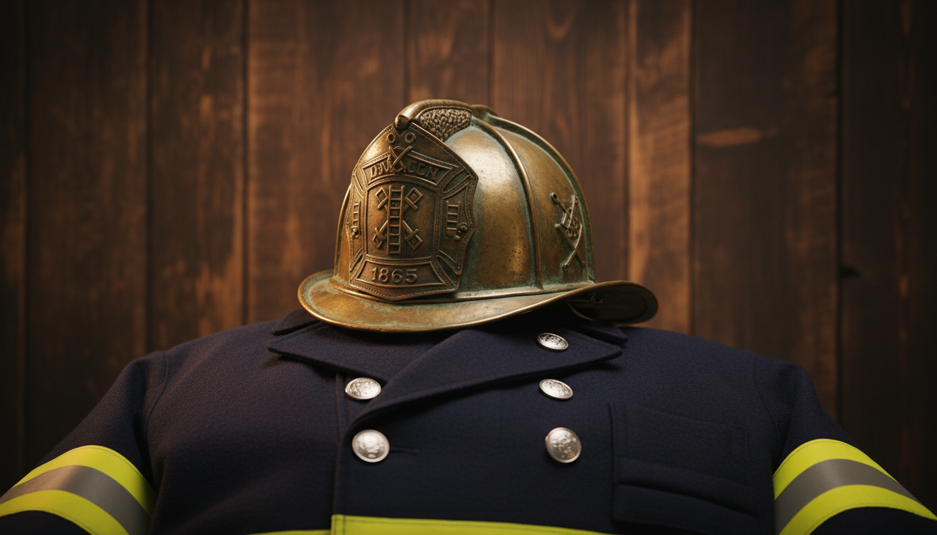 A vintage brass firefighter’s helmet with intricate embossed insignia displayed against a richly textured dark wood backdrop. The helmet is set atop a neatly folded, navy-blue wool uniform with silver buttons and yellow reflective stripes partially visible. Soft, warm side lighting highlights the curved metalwork and casts gentle shadows for dimensionality. The atmosphere feels respectful and timeless, reflecting a deep sense of tradition and heritage. This eye-level, centered shot uses a shallow depth of field to softly blur the wood background, giving the helmet and uniform prominence. The minimalist, clean aesthetic keeps focus on the symbols of service, aligning perfectly with the site’s mission to honor everyday heroes.
